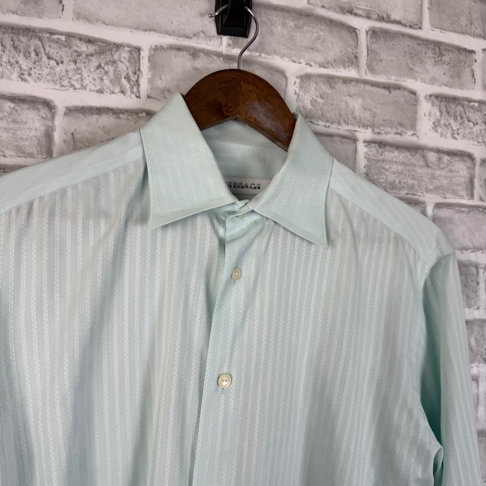 Versace Collection Trend Mens Mint Green Greek Key Stripe Dress Shirt 15.5 / 39
